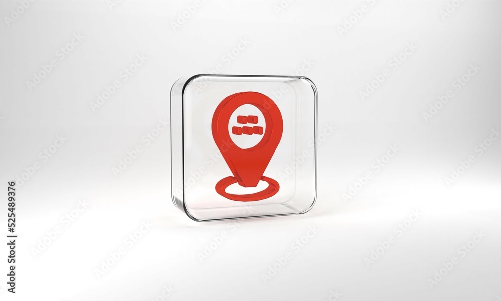 Red Map pointer with taxi car icon isolated on grey background. Location symbol. Glass square button. 3d illustration 3D render Red Map pointer with taxi car icon isolated on grey background. Location symbol. Glass square button. 3d illustration 3D render