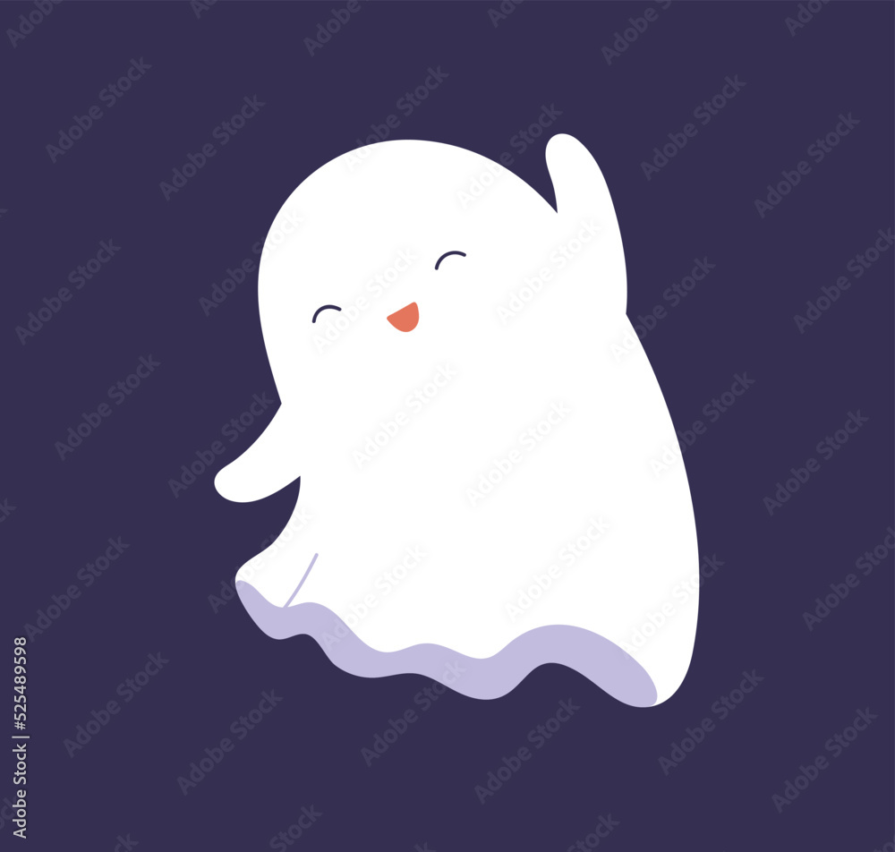 Cute happy Halloween ghost rejoices, celebrates holiday. Funny excited boo character, smiling phantom spirit floating. Joyful spook with positive expression. Isolated childish flat vector illustration Cute happy Halloween ghost rejoices, celebrates holiday. Funny excited boo character, smiling phantom spirit floating. Joyful spook with positive expression. Isolated childish flat vector illustration
