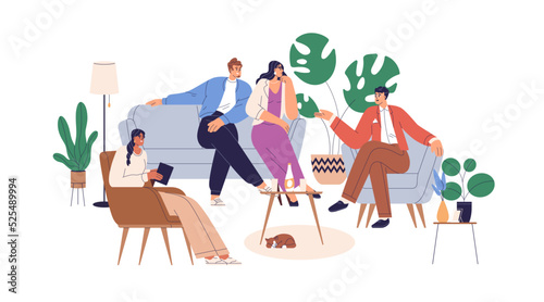 People talk in living room. Friends gathering, communication at home lounge. Men, women characters speak together, sit on couch, in armchairs. Flat vector illustration isolated on white background