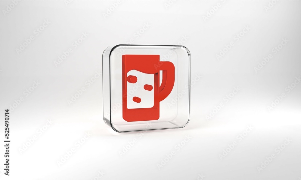 Red Glass of beer icon isolated on grey background. Glass square button. 3d illustration 3D render Red Glass of beer icon isolated on grey background. Glass square button. 3d illustration 3D render