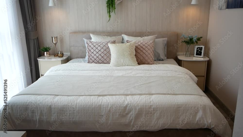 Classy Bedroom Interior Design With White Bedding Set and Wooden Wall, No People Classy Bedroom Interior Design With White Bedding Set and Wooden Wall, No People