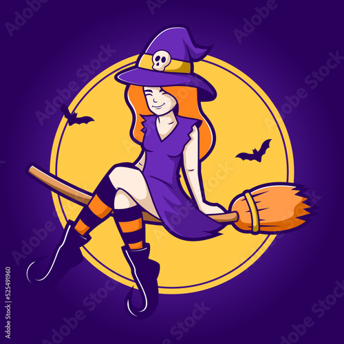 Cute witch riding broomstick, halloween cartoon character