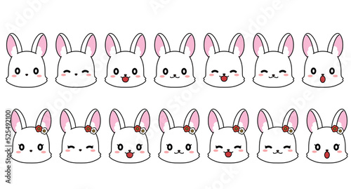 笑顔などの表情のうさぎの顔のアイコンセット