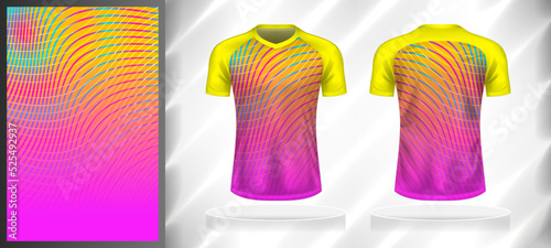 Vector sport pattern design template for V-neck T-shirt front and back with short sleeve view mockup. Shades of yellow-pink-blue color gradient abstract curve line texture background.