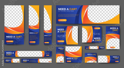 Rent Car banner design web template Set, Horizontal header web banner. Black and blue. cover header background for website design, Social Media Cover ads banner, flyer, invitation card