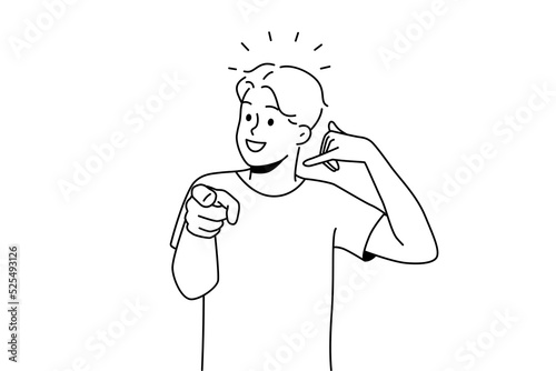 Smiling guy making hand gesture asking to call back. Happy man demonstrate callback sign. Nonverbal communication. Vector illustration. 