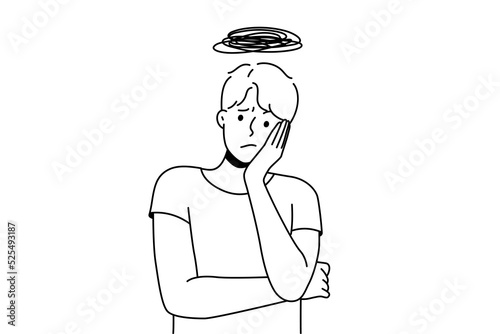 Unhappy young man thinking lost in worries and frustration. Stressed guy overthinking overwhelmed with thoughts. Vector illustration. 