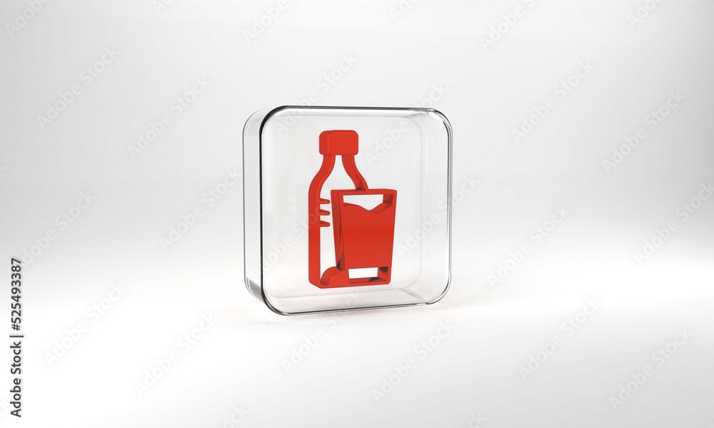 Red Bottle of water with glass icon isolated on grey background. Soda aqua drink sign. Glass square button. 3d illustration 3D render Red Bottle of water with glass icon isolated on grey background. Soda aqua drink sign. Glass square button. 3d illustration 3D render