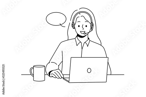Smiling woman in headset sit ta desk talk on video call on computer. Happy female call center agent have online conversation on laptop. Vector illustration. 