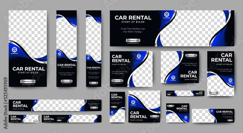 Car Rental banner design web template Set, Horizontal header web banner. Black and blue. cover header background for website design, Social Media Cover ads banner, flyer, invitation card
