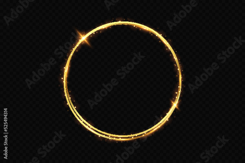 Abstract sparkling golden frame light effect on transparent background. Spark with ring glossy line.