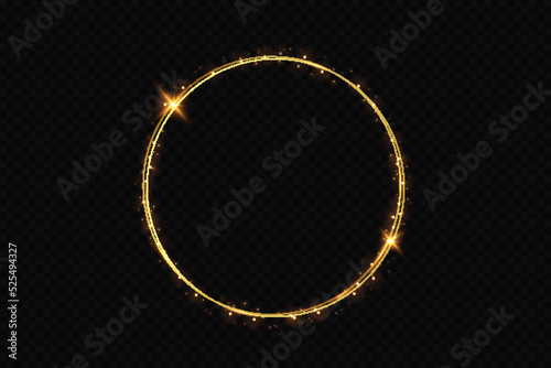 Abstract sparkling golden frame light effect on transparent background. Spark with ring glossy line.