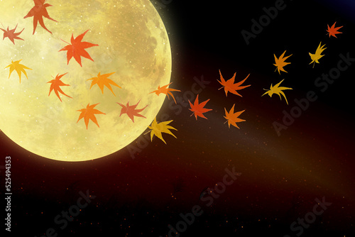 秋の満月と十五夜に舞い散る紅葉とススキ
