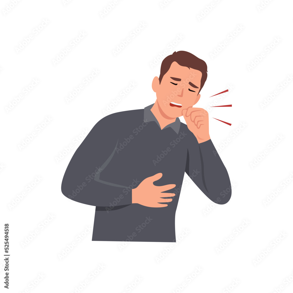 Sick man having dry cough. Male person with asthma, allergy or cold. Sick guy. Man with respiratory disease symptom. Isolated vector illustration in cartoon style Sick man having dry cough. Male person with asthma, allergy or cold. Sick guy. Man with respiratory disease symptom. Isolated vector illustration in cartoon style