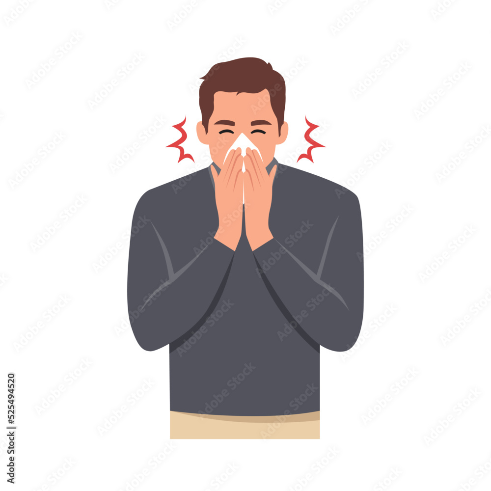 Sneezing man concept vector illustration on white background. A man in blue shirt sneezing in handkerchief. Sick man sneeze. Season allergy. Sneezing man concept vector illustration on white background. A man in blue shirt sneezing in handkerchief. Sick man sneeze. Season allergy.