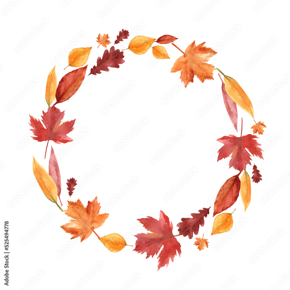 Watercolor autumn wreath with yellow, red and brown leaves. Watercolor autumn wreath with yellow, red and brown leaves.