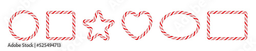 Christmas candy cane frames with red and white striped. Xmas circle, oval, square border with striped candy lollipop pattern. Blank christmas template. Vector illustration isolated on white background