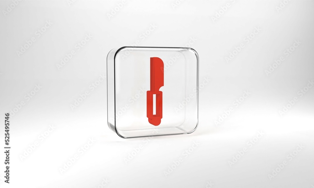 Red Knife icon isolated on grey background. Cutlery symbol. Glass square button. 3d illustration 3D render Red Knife icon isolated on grey background. Cutlery symbol. Glass square button. 3d illustration 3D render