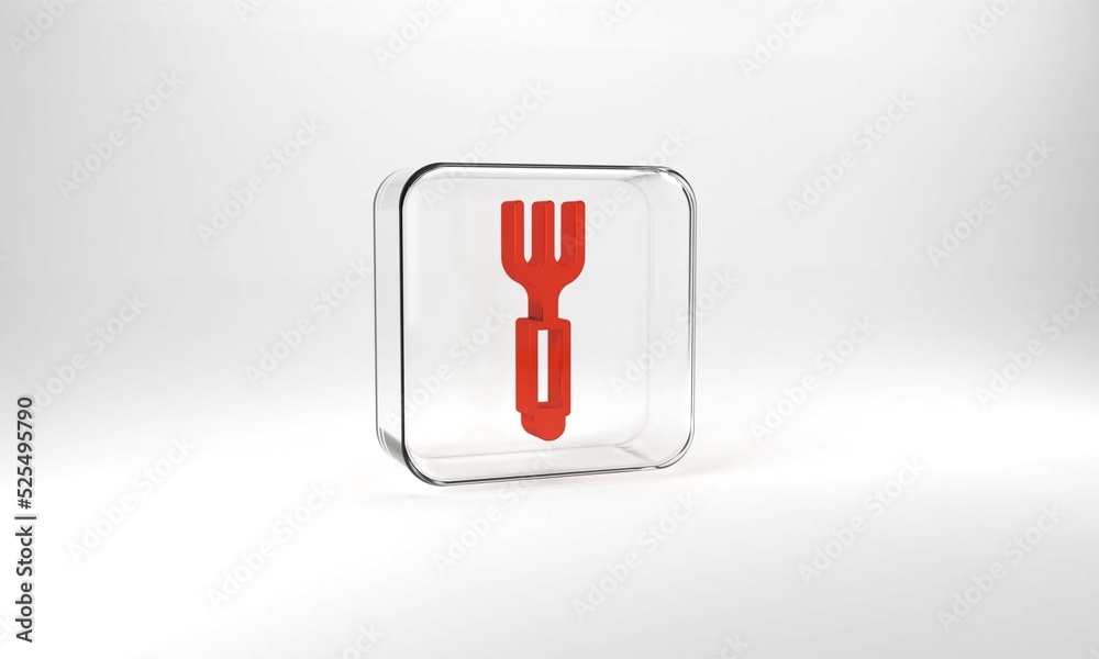 Red Fork icon isolated on grey background. Cutlery symbol. Glass square button. 3d illustration 3D render Red Fork icon isolated on grey background. Cutlery symbol. Glass square button. 3d illustration 3D render