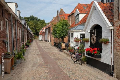 Traditional historic medieval houses in the old picturesque fortified town of Elburg, Gelderland, Netherlands