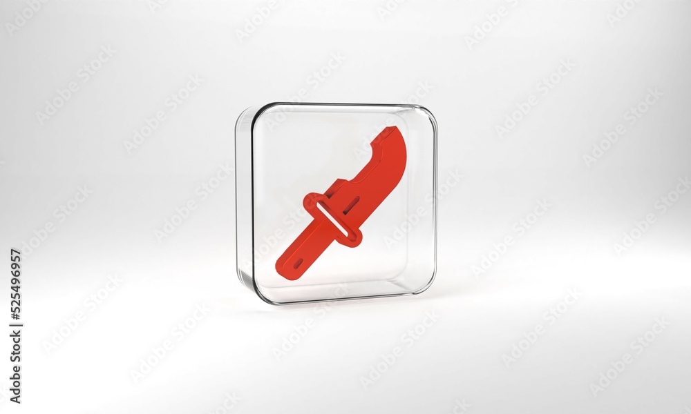 Red Hunter knife icon isolated on grey background. Army knife. Glass square button. 3d illustration 3D render Red Hunter knife icon isolated on grey background. Army knife. Glass square button. 3d illustration 3D render