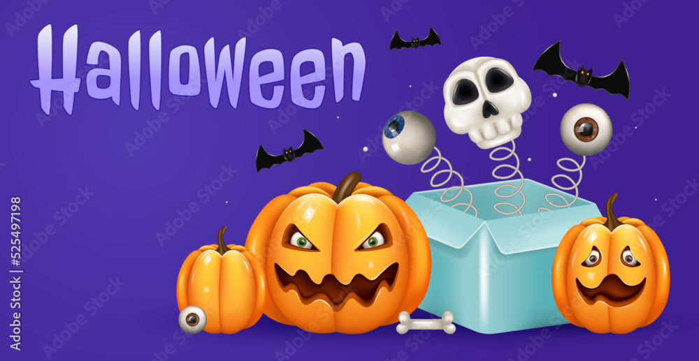 Happy Halloween banner. Purple festive banner with 3d spooky pumpkins, bats, skull and eyeball. Vector illustration.	