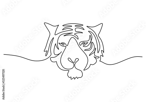 One continuous single line hand drawing of international tiger day with tiger head isolated on white background.
