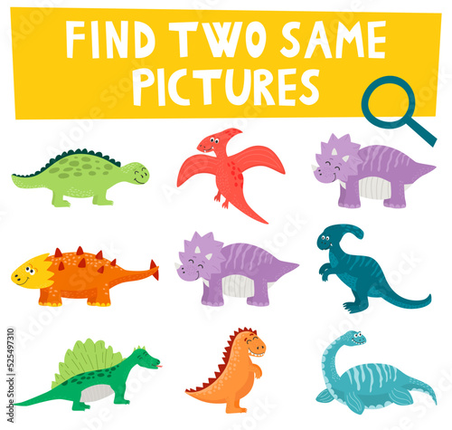 Fototapeta Naklejka Na Ścianę i Meble -  Cartoon Illustration of Finding Two Same Pictures Educational Game for Children with Dinosaurs and Prehistoric Animal Characters