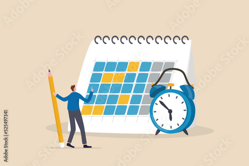 Schedule planning and time management, organize meeting and appointment, event reminder or business schedule concept, businessman holding pencil planning work schedule on calendar and alarm clock.
