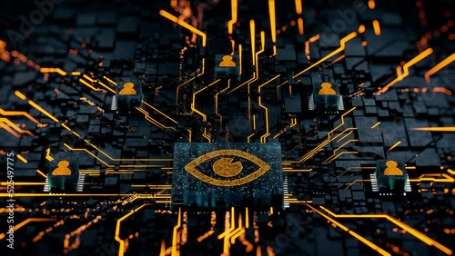 Vision Technology Concept with eye symbol on a Microchip. Orange Neon Data flows between Users and the CPU across a Futuristic Motherboard. Seamless loop.