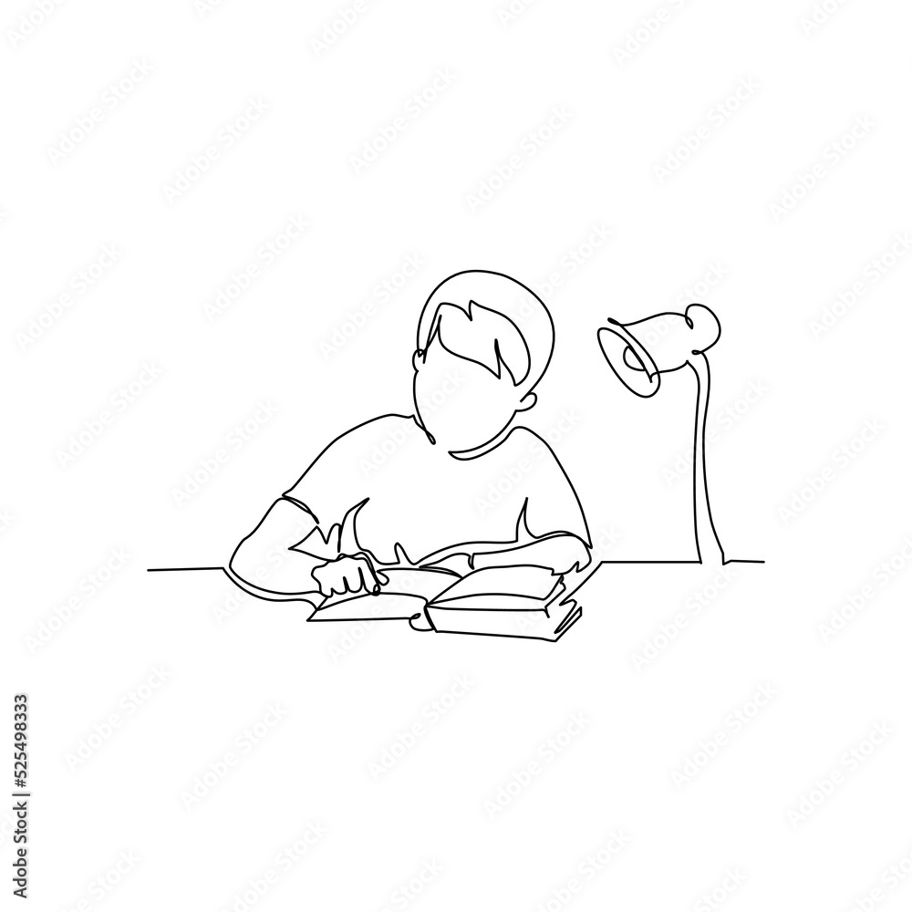 One continuous line of boy sitting while writing in a book. Minimalist style vector illustration in white background.