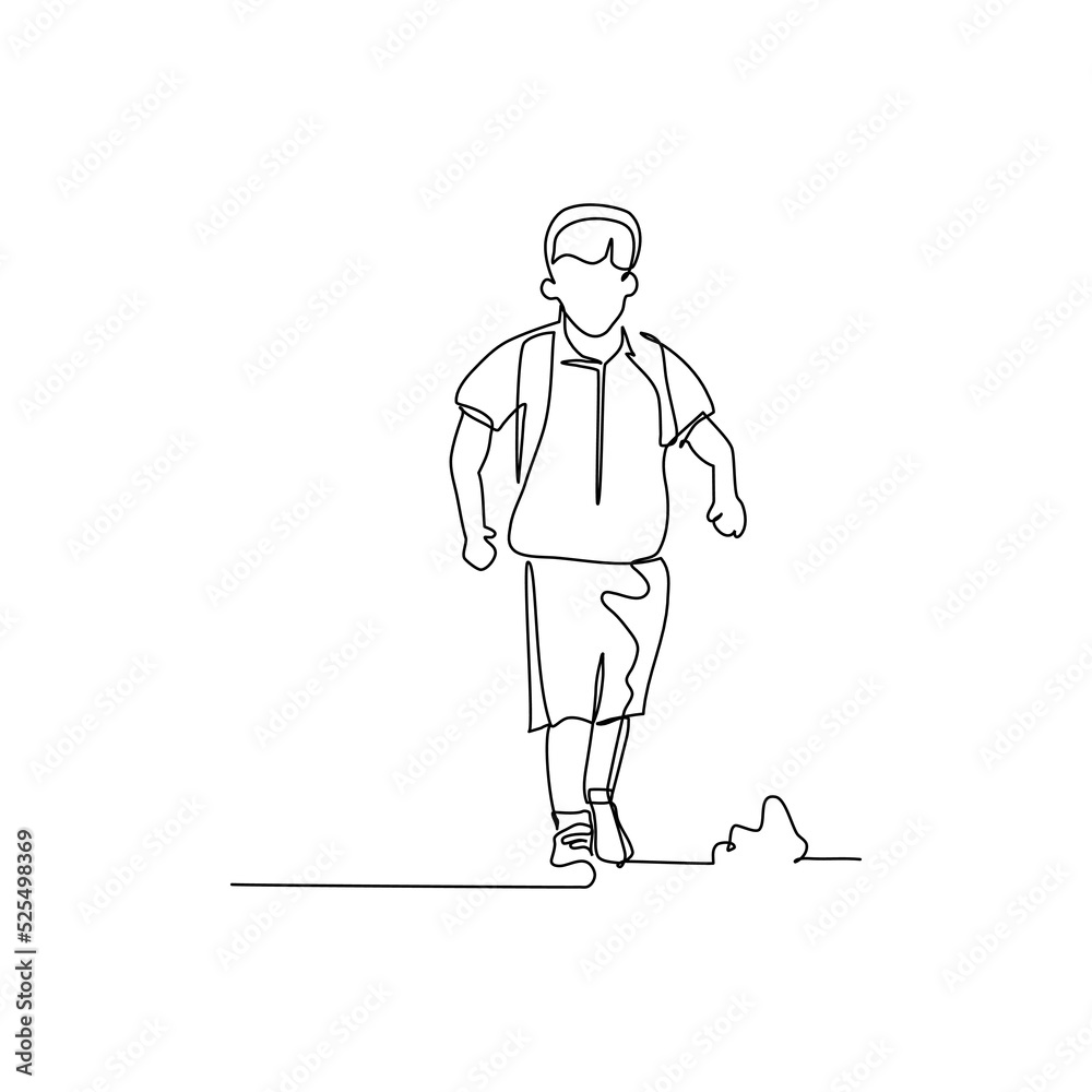 One continuous line of a student walking with backpack to school. Minimalist style vector illustration in white background.