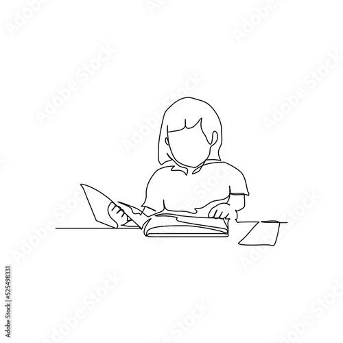 One continuous line of girl studying with reading a book. Minimalist style vector illustration in white background.