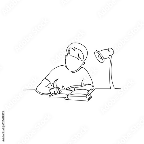 One continuous line of boy sitting while writing in a book. Minimalist style vector illustration in white background.