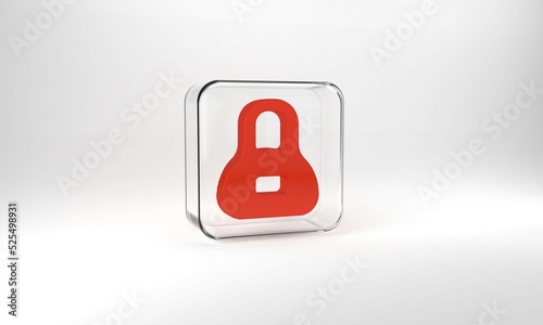 Red Weight icon isolated on grey background. Kilogram weight block for weight lifting and scale. Mass symbol. Glass square button. 3d illustration 3D render