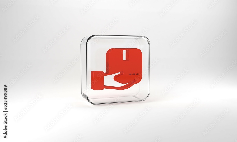 Red Delivery hand with cardboard boxes icon isolated on grey background. Door to door delivery by courier. Glass square button. 3d illustration 3D render Red Delivery hand with cardboard boxes icon isolated on grey background. Door to door delivery by courier. Glass square button. 3d illustration 3D render