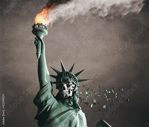 The Statue of Liberty with its exposed skull under its shell, collapses under the influence of the wind. 
3d rendering image with vintage film camera effect