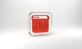 Red Advertising icon isolated on grey background. Concept of marketing and promotion process. Responsive ads. Social media advertising. Glass square button. 3d illustration 3D render