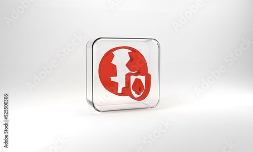 Red Earth with shield icon isolated on grey background. Insurance concept. Security, safety, protection, privacy concept. Glass square button. 3d illustration 3D render