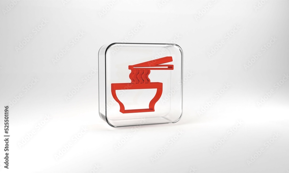 Red Asian noodles in bowl and chopsticks icon isolated on grey background. Street fast food. Korean, Japanese, Chinese food. Glass square button. 3d illustration 3D render Red Asian noodles in bowl and chopsticks icon isolated on grey background. Street fast food. Korean, Japanese, Chinese food. Glass square button. 3d illustration 3D render