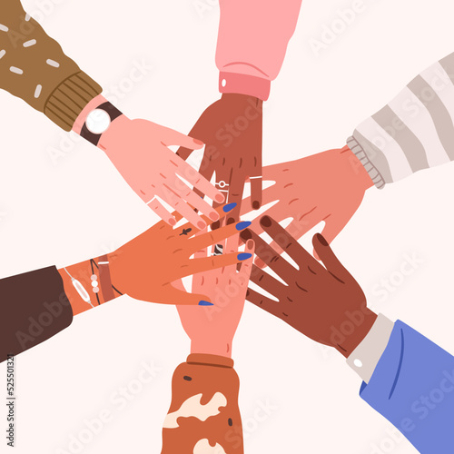 Teamwork, unity and support in community concept. Hands of diverse people group stacking together, top view. Partnership, friendship, togetherness in international team. Flat vector illustration