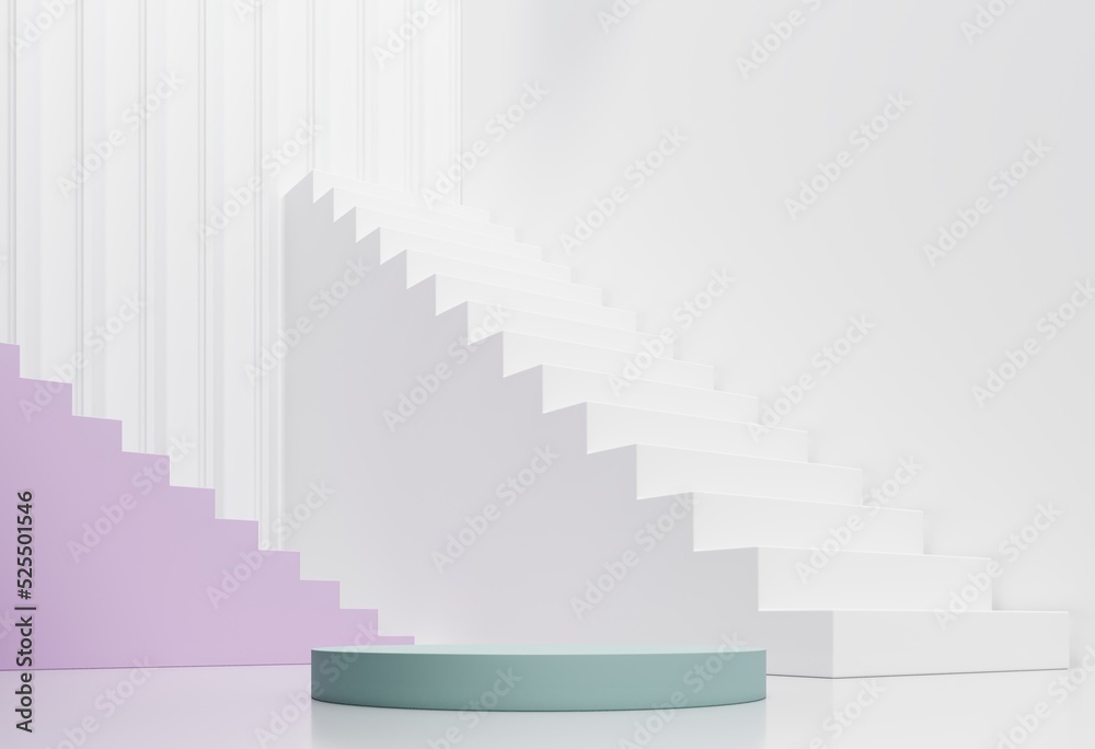 Empty Podium, showcase, stand of stairs, arches for advertising, presentation of goods, products. Abstract composition, background of geometric objects - 3D render. Minimal white studio with showcase