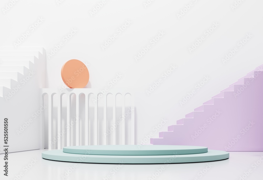 Empty Podium, showcase, stand of stairs, arches for advertising, presentation of goods, products. Abstract composition, background of geometric objects - 3D render. Minimal white studio with showcase Empty Podium, showcase, stand of stairs, arches for advertising, presentation of goods, products. Abstract composition, background of geometric objects - 3D render. Minimal white studio with showcase