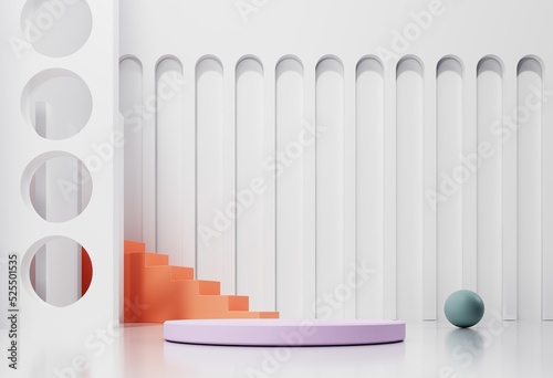 Empty Podium  showcase  stand of stairs  arches for advertising  presentation of goods  products. Abstract composition  background of geometric objects - 3D render. Minimal white studio with showcase