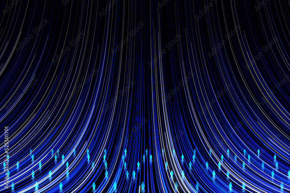 Abstract digital population hologram on blue background. Cyber data and density concept. 3D Rendering.
