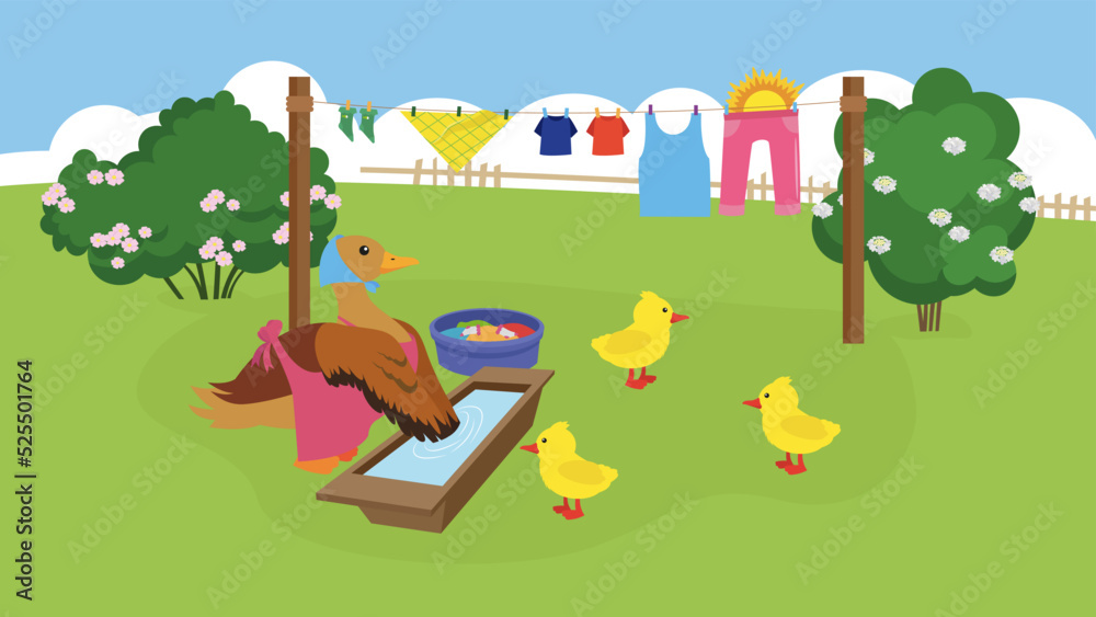 Fototapeta premium mother duck washes clothes in a trough