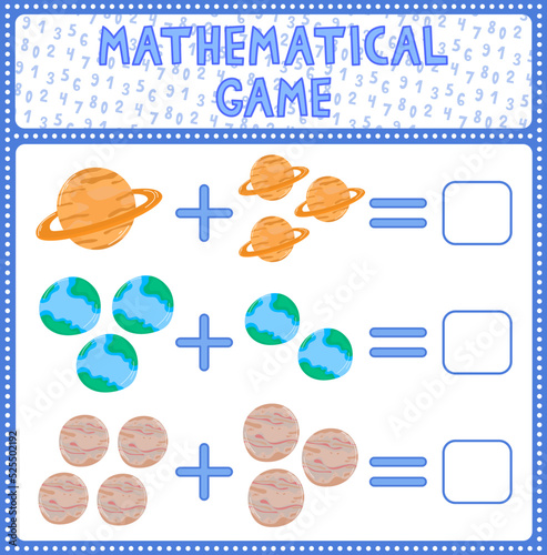 Education game for children fun addition by guess the correct number of cute cartoon saturn earth jupiter. Printable worksheet