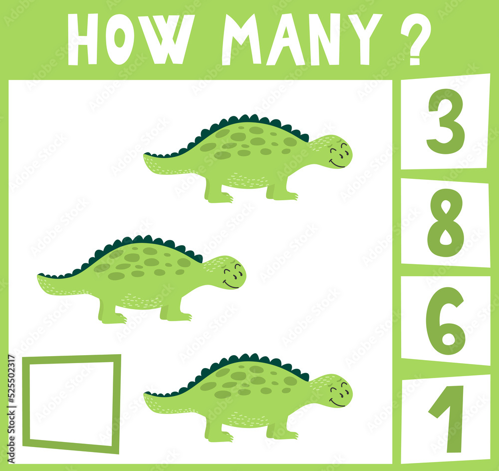 Count how many dinosaurs. Mini math game how many for preschoolers and kindergarten. Cartoon Vector Illustration of Education Counting Game for Preschool Children. Three objects Count how many dinosaurs. Mini math game how many for preschoolers and kindergarten. Cartoon Vector Illustration of Education Counting Game for Preschool Children. Three objects
