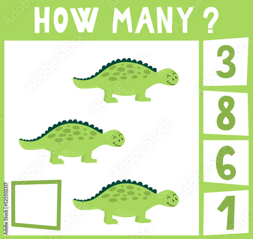 Count how many dinosaurs. Mini math game how many for preschoolers and kindergarten. Cartoon Vector Illustration of Education Counting Game for Preschool Children. Three objects © светлана аркаллаева