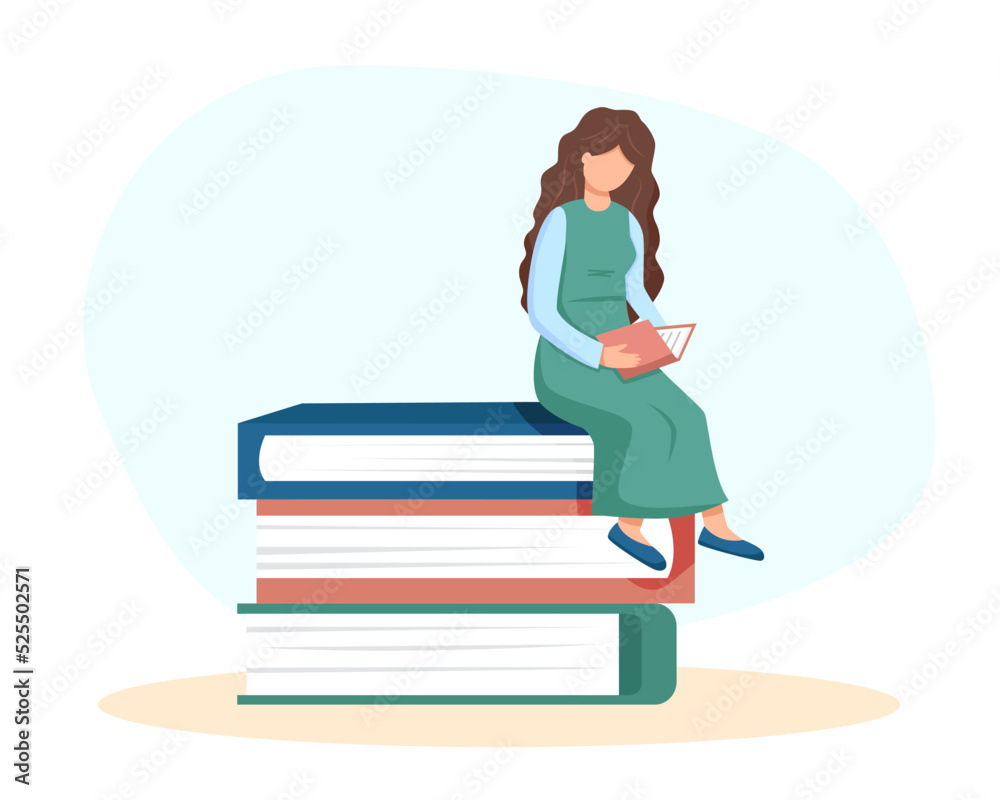 The girl reading and sitting on the stack of books- education concept	